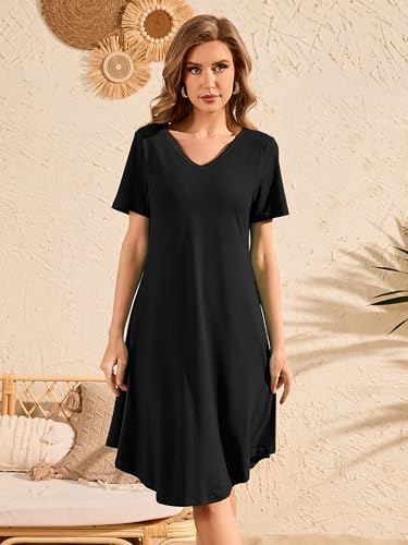 Image of DEARCASE Summer Dresses for Women V-Neck Short Sleeve T Shirt Dress Casual Flowy Swing Beach Vacation Mini Sundress