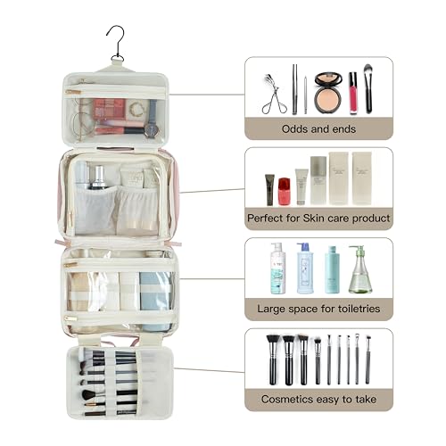 Toiletry Bag, Travel Bag for Women & Men, Portable Cosmetic Bag with Hanging Hook, Durable, Waterproof for Shampoo, Makeup, Essentials, Toiletries Acessories (Beige)2