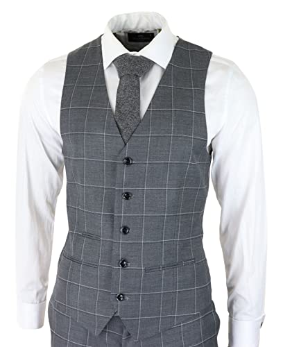 Mens Grey Check 3 Piece Suit Vintage Retro Smart Wedding Classic Tailored Fit Light4