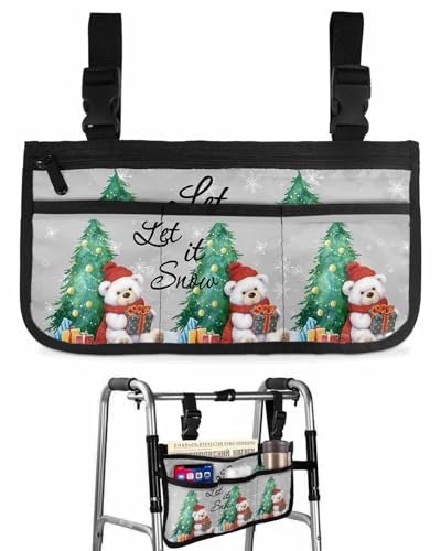 Christmas Wheelchair Side Storage Bag Red Cap Bear with Gifts Xmas Tree Snowflake Grey Armrest Pouch with Cup Holder and Reflective Strip Wheelchair Accessories Organizer Bags for Walkers Rollator