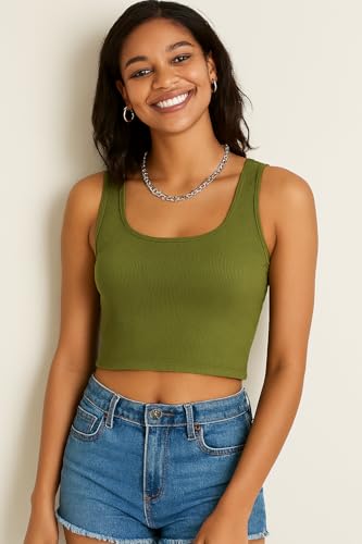 Image of 95% Cotton, 5% Lycra Women's and Girls Solid Ribbed Square Neck Tank Top | Tanktop for Women | Sleeveless Top | Crop Tanktop | Ribbed Tank Top