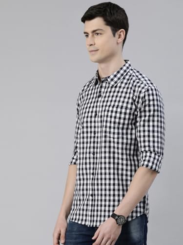 Image of JOVEN Men Slim Fit Pure Cotton Brown and Dark Green Casual Checked Shirt