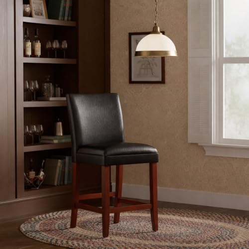 Butaco HomePop de 24 pulgadas, tapizado en cuero sintético negro, con patas de madera acabado cerezo miniatura 4
