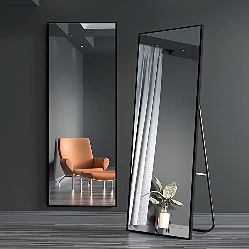 Beauty4U 65" x 24" Full Length Mirror Hanging Standing or Leaning, Bedroom Mirror Floor Mirror Wall-Mounted Mirror with Alloy Frame, Black