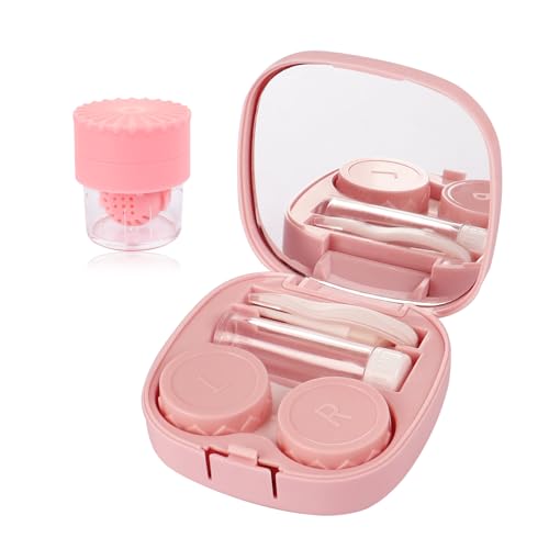 Hadoife Pink Contact Lens Case with Manual Cleaner Washer - 5-in-1 Portable Contact Lens Remover Tool, Includes Mirror, Tweezers, Remover Tool & Solution Bottle for Daily Outdoor Use