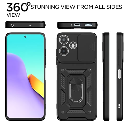 Image of Pikkme D10 Tough Armor Bumper Case | 360 Protection Case | Sliding Camera Shield Cover & Ring Holder Stand Back Cover for Redmi 12 5G / Poco M6 Pro 5G (Black)