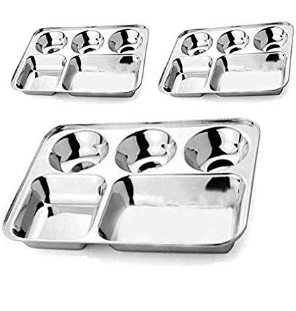 VIRASAT FURNITURE & FURNISHING 5 in 1 Rectangle Compartments Stainless Steel Lunch Dinner Plate Bhojan Thali - Set of 3