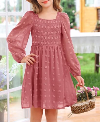 HOSIKA Girls Long Sleeve Dress Swiss Dot Square Neck Smocked Fall Dresses with Pockets 6-12 Years4