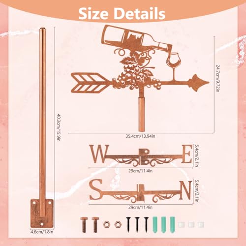 SUPERDANT Grape Weather Vane for Roof Mount Wine Bottle Metal Weathervane Wind Vanes for Outside Roof Decor Black Wind Decorative Signs for Farmhouse Yard Farm Barn Sheds Garden Patio Red Copper - Image 2