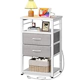 KKL サイドテーブル ナイトテーブル ベッドサイドテーブル コンセント付き 40×30×70cm 引き出し付き 収納付き ベッド横 ホワイト