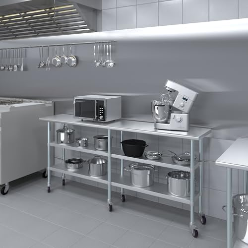 Image of AmGood Stainless Steel Work Table with 2 Shelves and Casters | Metal Utility Table On Wheels (Stainless Steel Work Table with 2 Shelves + Casters, 84 inch Long x 18 inch Deep)