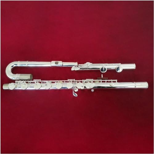 Instrument muzyczny z fletem basowym z korpusem z białej miedzi i srebrnymi klawiszami, zawiera futerał na flet