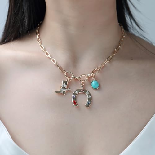 Gold Charm Necklace for Women Western Jewelry Boho Coastal Cowgirl Cowboy Horseshoe Pendant Boot Heart Star Cactus Charms Chunky Paperclip Chain Statement Choker Necklaces Gift2