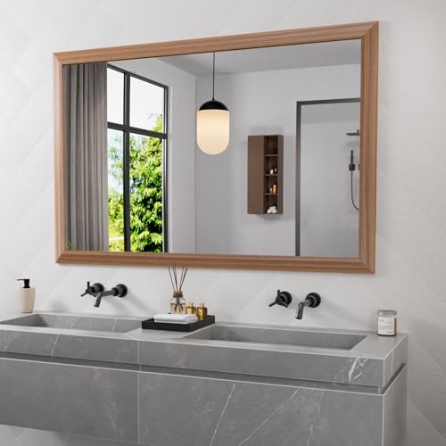 Amorho Bathroom Mirror, 50 X30 Inch Wall Mirror, Walnut Wood Grain Metal Framed, Anti-Rust, Hang Horizontally/Vertically, Suitable for Bedroom, Farmhouse, Bathroom, Decorative