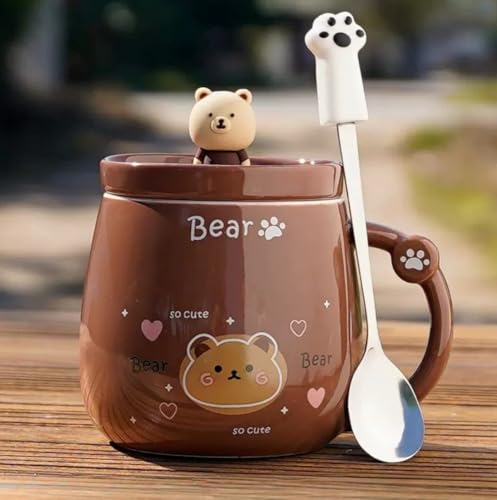 NQQNQQ Be-G Bear Mug with Lid and Claw Spoon, 400ML Ceramic Coffee Mug for Tea & Coffee, Cute Mug, Holiday Teacup for Women. (Bear/Brown)