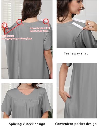 Image of Hospital Gowns for Women Open Back Tear Away Snap Post shoulder Dress Short Sleeve Soft Adaptive Clothing with Pockets