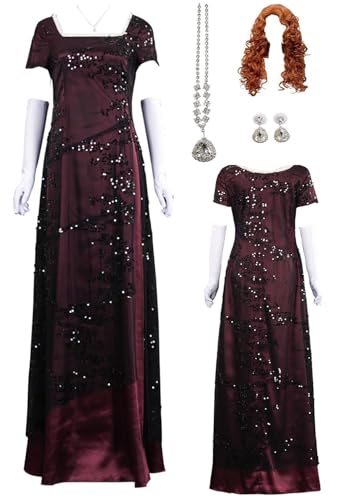 Titanic Rose Cosplay Dress Chiffon Purple Necklace Uniform Titanic Evening Dress Long for Halloween Costume (Purple-Wig, Medium)
