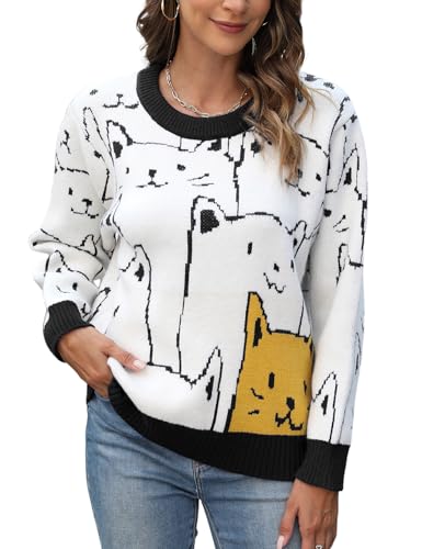 Image of Yimoon Cat Sweater for Women Oversized Chunky Sweater Loose Long Sleeve Knit Pullover Sweater Top(Black-M)