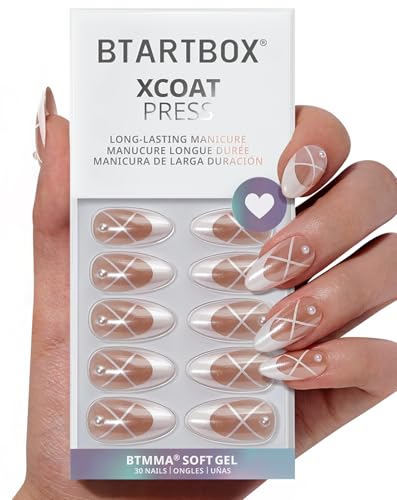 BTArtbox French Tip Press On Nails - Lamp-Curable Pearl Accents Chrome Almond Press On Nails with Glue for Women, Soft Gel Glue On Nails in 15 Sizes - 30 Stick On Nails Kit, Heel Click