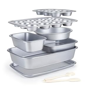CARTMAN Bakeware Set 9 pieces Grey with RoundSquare Cake Pan Loaf Pan612 Cup Muffin Pan Cookie Sheet Brush and Spatula Carbon Steel Bake Set Nonstick Stainless Steel Baking Pans Set