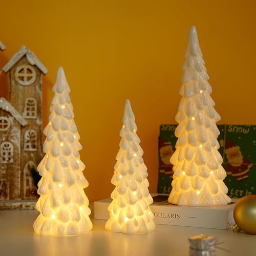 3 Pcs White Ceramic Christmas Trees with Lights, Table Top Christmas Decor - image 2