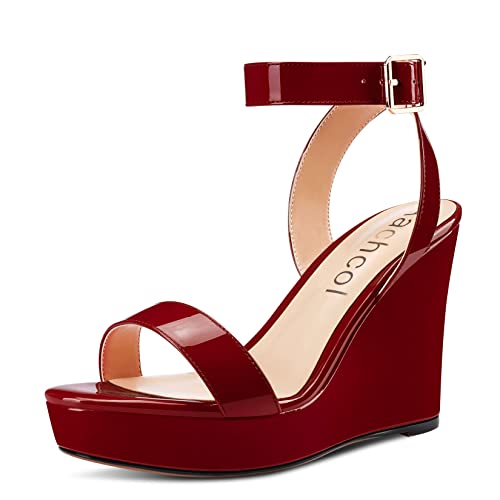 Image of Aachcol Women Platform Wedge Sandals Round Peep Open Toe Ankle Strap Slingback Two-Piece Chunky Block High Heel Dress Shoes Pumps Party Patent 4 Inch