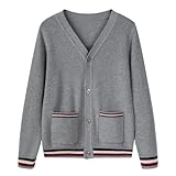 eton kidd Unisex Cardigan Sweater with Tricolor Stripes Cotton V-Neck Knit with Windproof Cuffs and Color Block Pockets Gray
