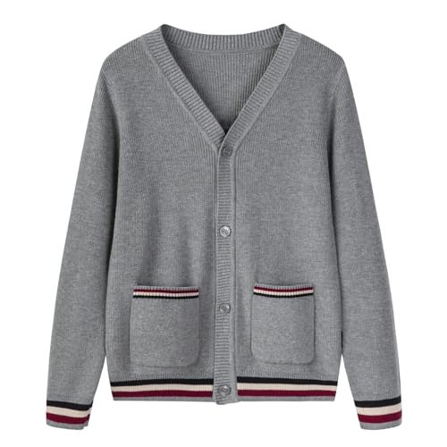 eton kidd Unisex Cardigan Sweater with Tricolor Stripes Cotton V-Neck Knit with Windproof Cuffs and Color Block Pockets Gray