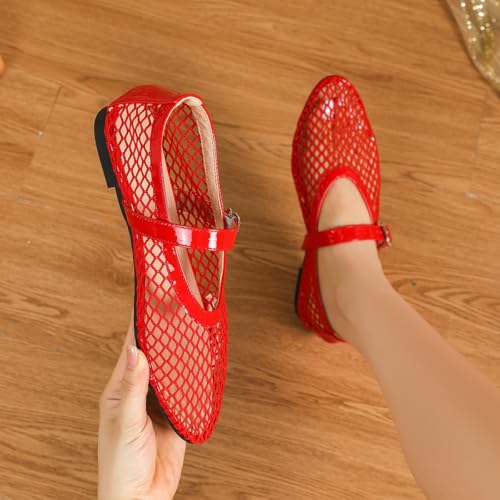 Women's Mesh Ballet Flats Breathable Fishnet Mary Jane Shoes with Buckle Strap,Comfortable Round Toe Ballerinas for Office Casual Dress4
