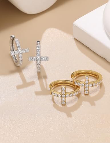 Moissanite Sterling Silver Cross Earrings for Women Huggie Drop Hypoallergenic Lightweight Earring Set4