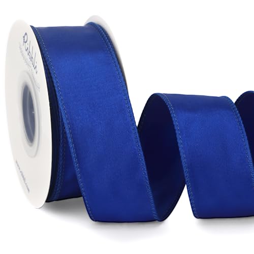 Ribbli Royal Blue Satin Wired Ribbon 1.5 Inch Royal Blue Christmas Ribbon for Gift Wrapping Wreaths Garland Tree Decoration Crafts Home Decor-Continous 20 Yards