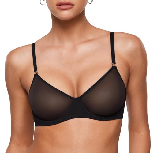 INLYRIC Women's Sheer Demi Balconette Bra - Sexy Mesh Unlined Underwire See Through Demi Bras Black 36C