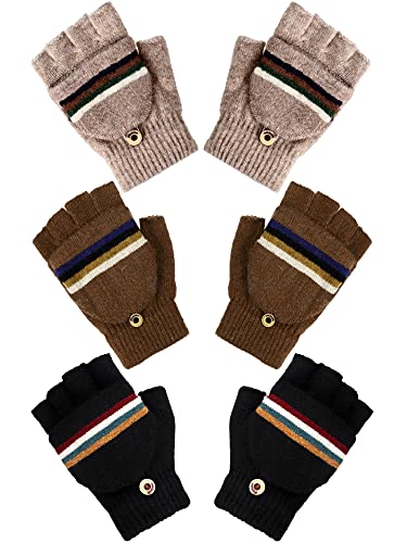 Newcotte 3 Pair Convertible Knitted Fingerless Gloves Kids Warm Winter Knit Flip Top Mittens Gloves Aged 5-12