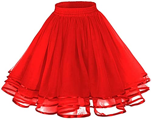Karneval Tüllrock Damen Mädchen Festlich Kostüm Petticoat Blase Tutu Unterrock Kurz Ballett Band Tanzkleid 50er Mini Rock Partykleid (Einheitsgröße, Rot) Cover