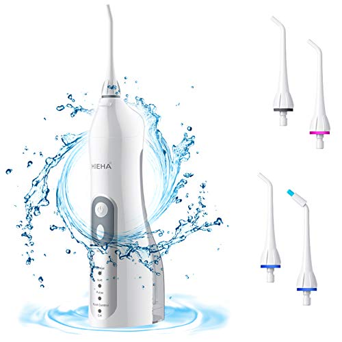 Hieha Hydropulseur, Jet Dentaire Portable, Irrigateur Oral Professionnel Rechargeable sans Fil avec 4 Modes, Etanche IPX7 avec Le Réservoir d'eau de 200ml & 4 Buses Soin Dentaires