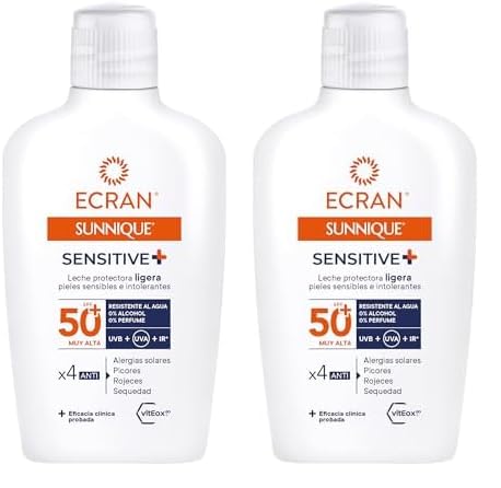 Ecran Sunnique Sensitive - Leche Protectora Ligera para Pieles Sensibles FPS 50+ | Fórmula con Pantenol, Resistente al Agua, sin Perfume ni Alcohol para Pieles Sensibles | 200ml (Paquete de 2)