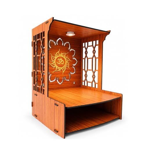 Image of Hindu Hand Crafted Wooden Puja Mandir with Drawer Religious Home Decor Wood Art and Craft Temple for Home /Office (Wooden Finish)
