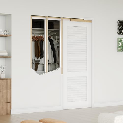 Image of 24 inch x 80 inch Sliding Pocket Door, Louvered Pantry Doors with Frame and Hardware Kit, Interior Door, White Primer Closet Doors - No Panel Assembly Required