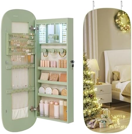 SONGMICS Jewelry Organizer, LED Jewelry Cabinet Wall/Door Mounted, Lockable Rounded Wide Mirror with Storage, Christmas Gift 3.9 x 16.5 x 42.5 Inches, Laurel Green Surface with Cream White Lining
