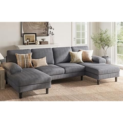 LINSY HOME Convertible Sectional Couch, Corduroy U-Shaped Sofa Couch with Double Chaises and Sleepable Armrests, 4-Seat Deep Sofa Set for Living Room, Dark Grey Cover