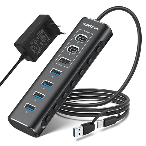 USB C Hub Aktiv mit Netzteil, RSHTECH 7-Port USB C 3.2 Hub Aktiv mit 3 * 10Gbps Port (2*Typ-C, 1*Typ-A), 4 * 5Gbps Port, 1m Datenkabel, 24W Netzteil, Aluminium USB 3.0 3.1, RSH-A107C