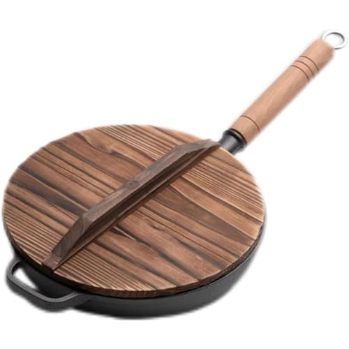 フライパン 耐久性 岩鉄鉄器 鉄鍋 木製ハンドル 鋳鉄 揚げ焼き用 IH対応 鉄製 炒め鍋 ダクタイルパン 南部鉄器 ホテル レストラン 家庭用 業務用 オール熱源対応 小型 一人暮らし用 (単鍋+杉の蓋です,27cm)