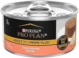 Purina Pro Plan Grain Free Senior Wet Cat Food Pate, SENIOR Prime Plus Cod & Shrimp Entree - (24) 3 oz. Pull-Top Cans