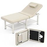 pouseayar 30.5'' Wide × 75'' Long Stationary Massage Table Folding Bed with Backrest for Treatment Table Physical Therapy Table Spa Facial Bed, Metal Frame PU Leather - Beige Gray