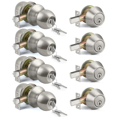BESTTEN 4 Pack All Keyed Same Exterior Door Knob with Key Lock and Deadbolt for Entrance and Front Door Satin Nickel