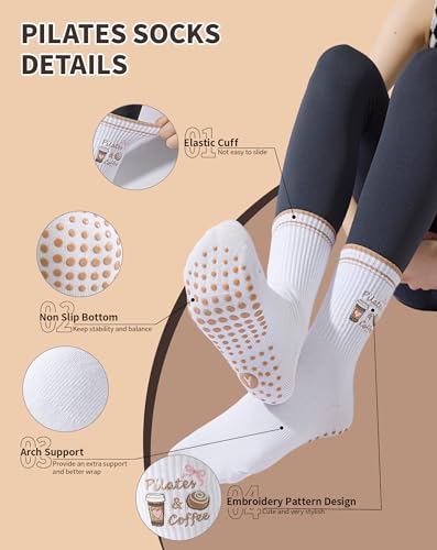 Image of Yawlsow Pilates Grip Socks for Women Yoga Grippy Socks Cute Barre Non Skid Athletic Crew Sticky Sock Workout Hospital