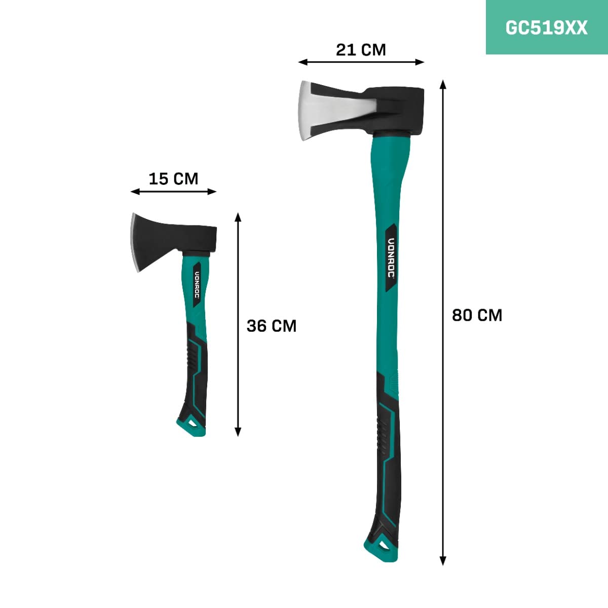 VONROC Set de hacha y hacha de mano - cabeza de acero templado - mango reforzado con fibra de vidrio - 79cm - 3900gr/35cm - 950gr