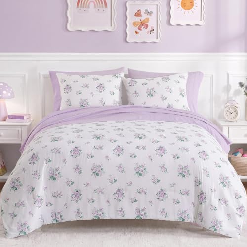 Image of Full Size Comforter Sets for Girls - 7 Pieces Purple Lavener Bed in a Bag | Floral Full Bedding Set, Soft Lightweight Cute Comforter with Printed Sheets, Pillowcases & Shams for All Seasons