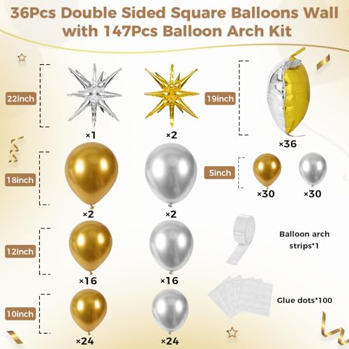Image of 36pcs Gold and Silver Square Foil Balloons Wall Backdrop with 147pcs Balloon Garland Arch Kit, Double Sided Balloons for Birthday Bridal Shower Anniversary New Year Graduation Party Decorations