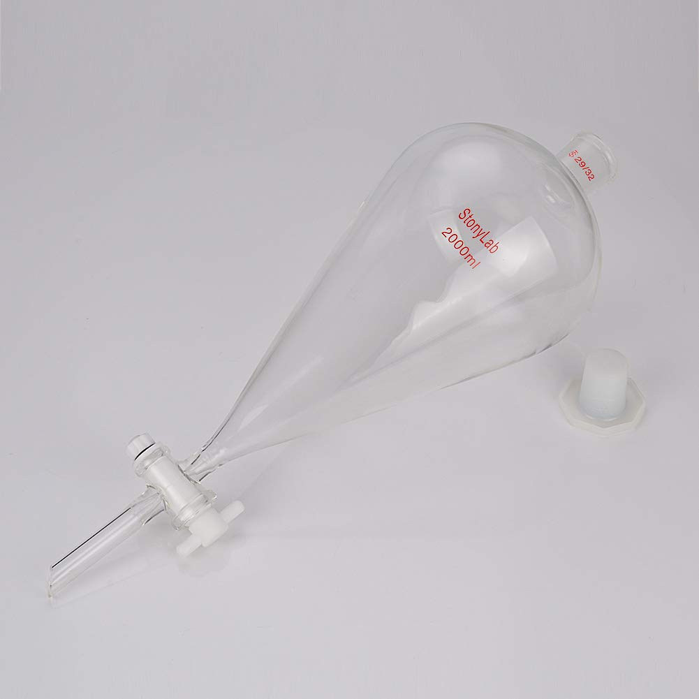 stonylab Imbuto Separatore Conico in Vetro Borosilicato Pesante con Giunti 29/32 e Rubinetto di Chiusura in PTFE Conical Separatory Funnel, 2000 ml